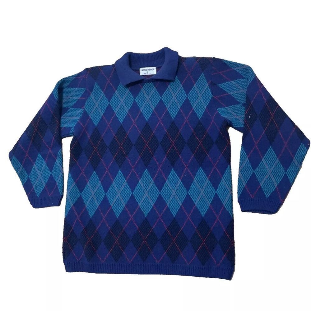 ALFRED DUNNER Vintage 80s knit Sweater Polo Men S Blue Argyle Diamond  Made USA